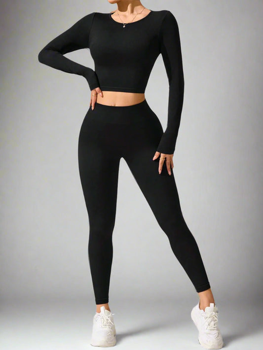 The Lola Lace-Up Back Top & Leggins Activewear Set in Jet Black