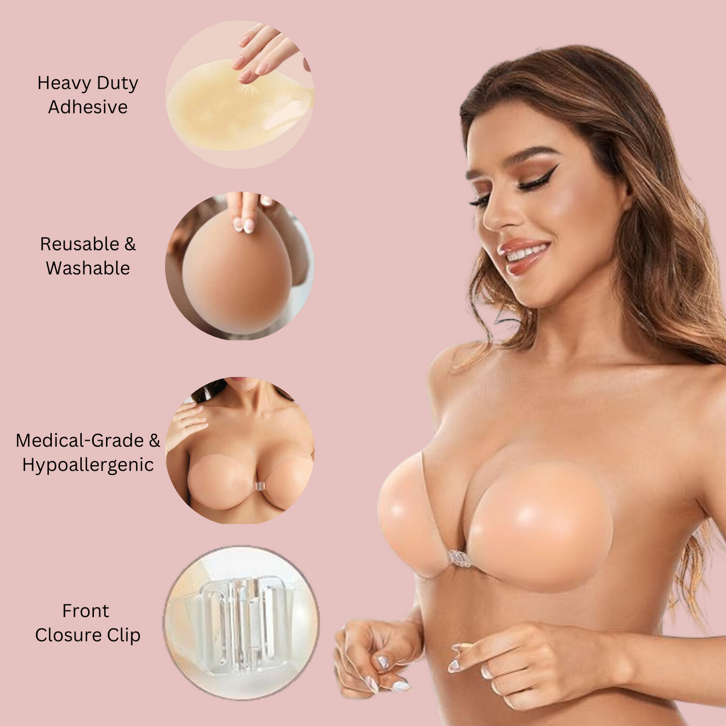 Know Your Worth Silicone Adhesive Strapless Bra - Reusable Backless Bra with Clear Front Clasp - Invisible Lift for Dresses & Formal Wear