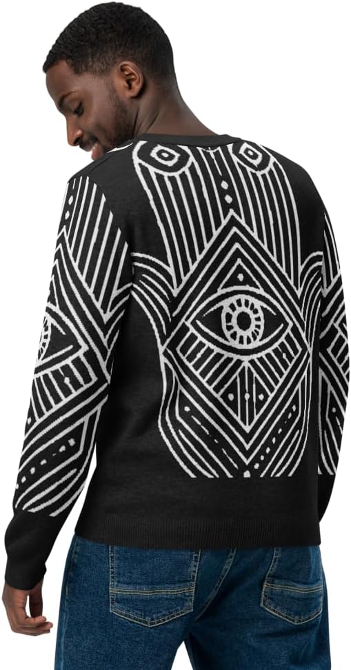 Mens Hamsa Knitted Crew Neck Sweater - Evil Eye Design - Luxury Streetwear