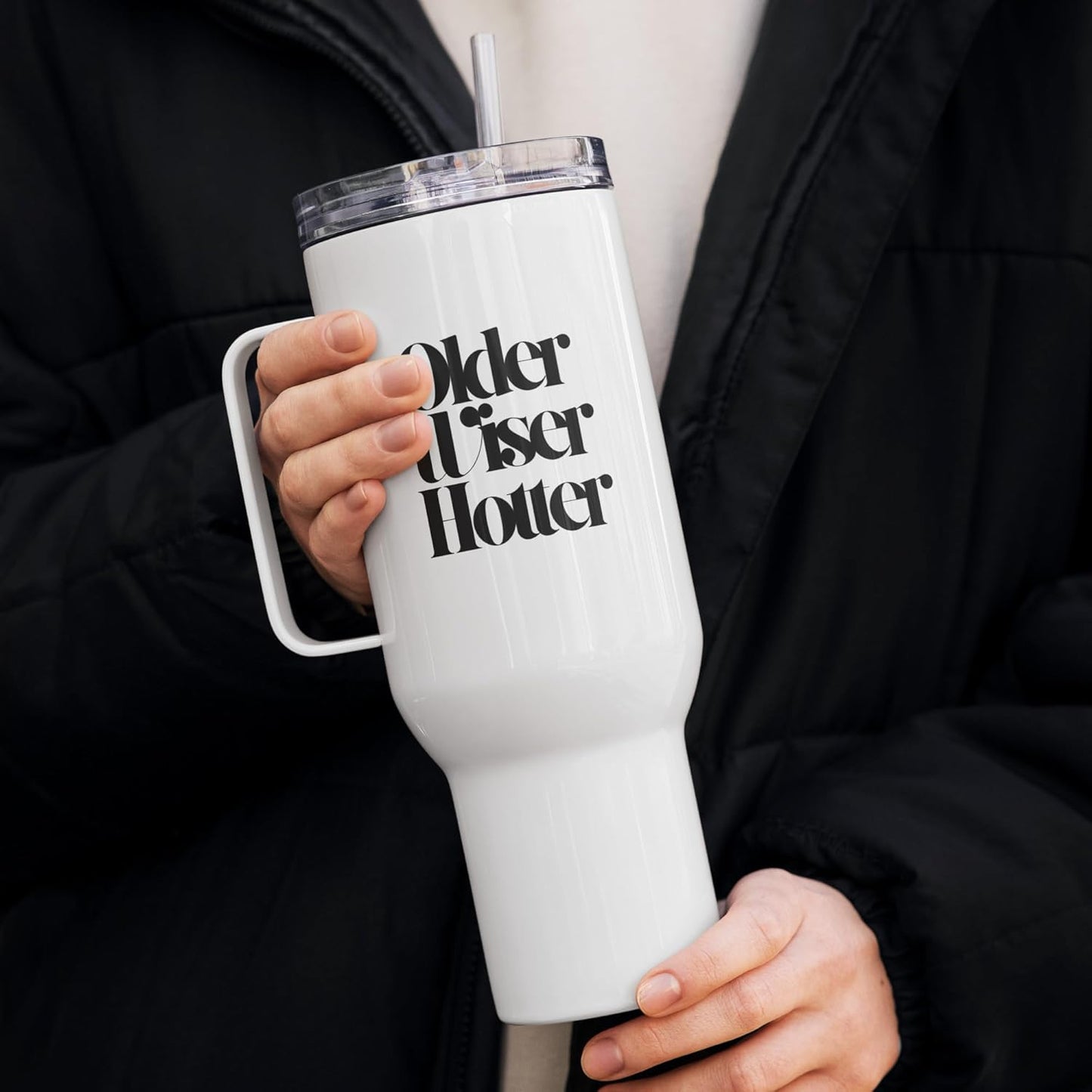 Older Wiser Hotter Travel Mug With a Handle – Mug – Stainless Steel Cute Morning Coffee Cup for Confident Women & Men, Boss Babe, Best Friend, Mom, Sister, Wife, Husband
