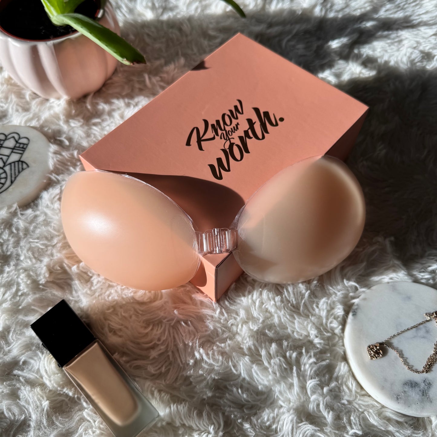 Know Your Worth Silicone Adhesive Strapless Bra - Reusable Backless Bra with Clear Front Clasp - Invisible Lift for Dresses & Formal Wear