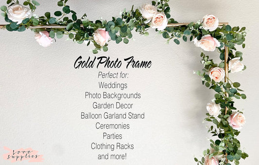 Gold Portable Photo Background Frame Kit | Includes Metal Gold Stand, 2 Flower Vines, Travel Bag | Minimalist Wedding Arch, Photo Booth Backdrop