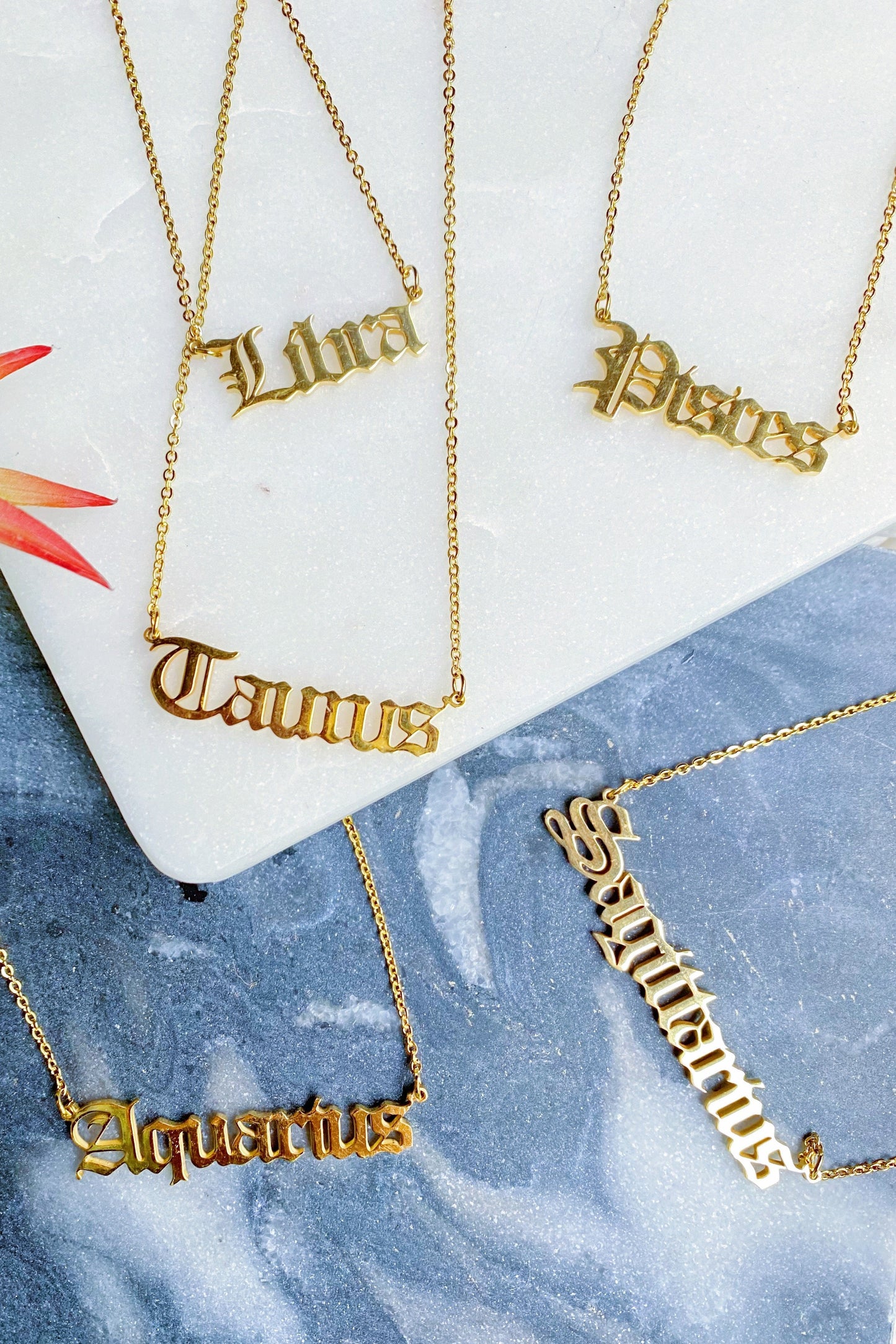 Old English Zodiac Necklace - Stainless Steel Gold Plated