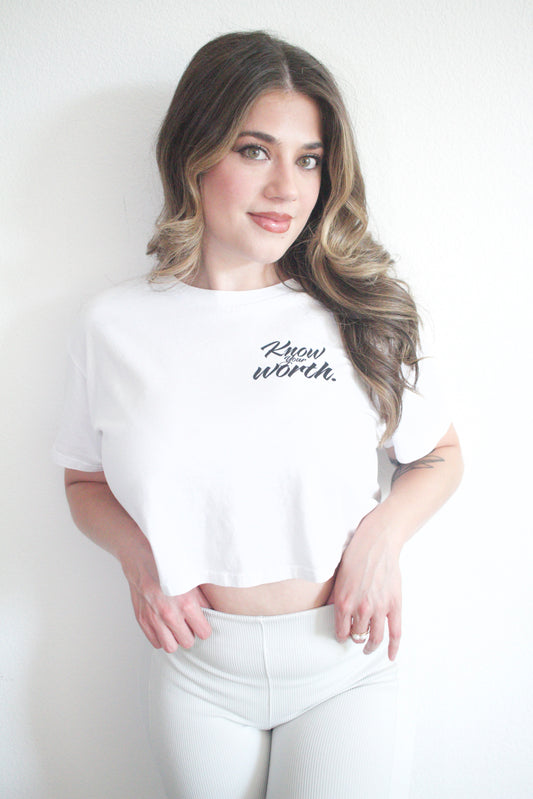 Know Your Worth Women's Crop Tee in White - Softest Crewneck Short Sleeve Crop Top - Cotton/Polyester Blend