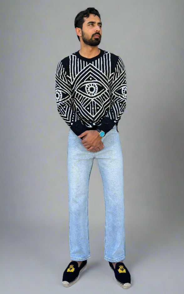 Mens Hamsa Knitted Crew Neck Sweater - Evil Eye Design - Luxury Streetwear Full