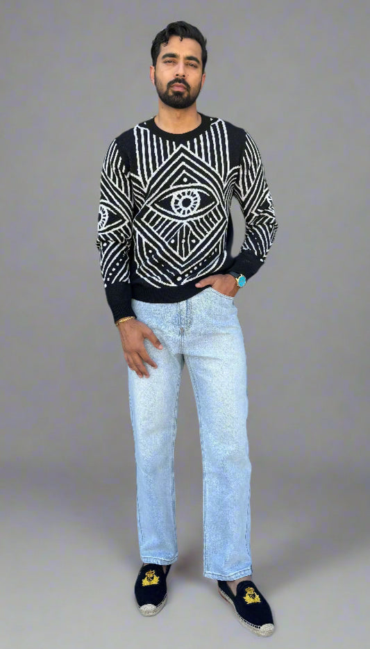 Mens Hamsa Knitted Crew Neck Sweater - Evil Eye Design - Luxury Streetwear Full 1