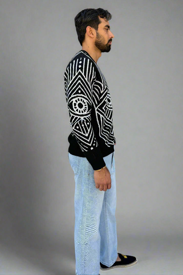 Mens Hamsa Knitted Crew Neck Sweater - Evil Eye Design - Luxury Streetwear Full Side