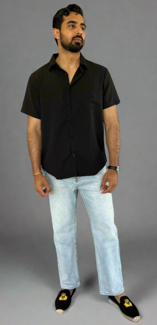 Mens Summer Edge Short Sleeve Button Up Shirt in Black full 2
