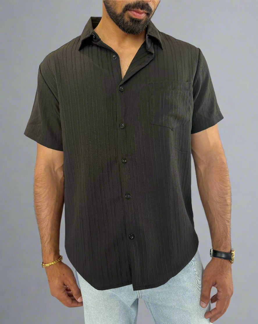 Mens Summer Edge Short Sleeve Button Up Shirt in Black full front closeup