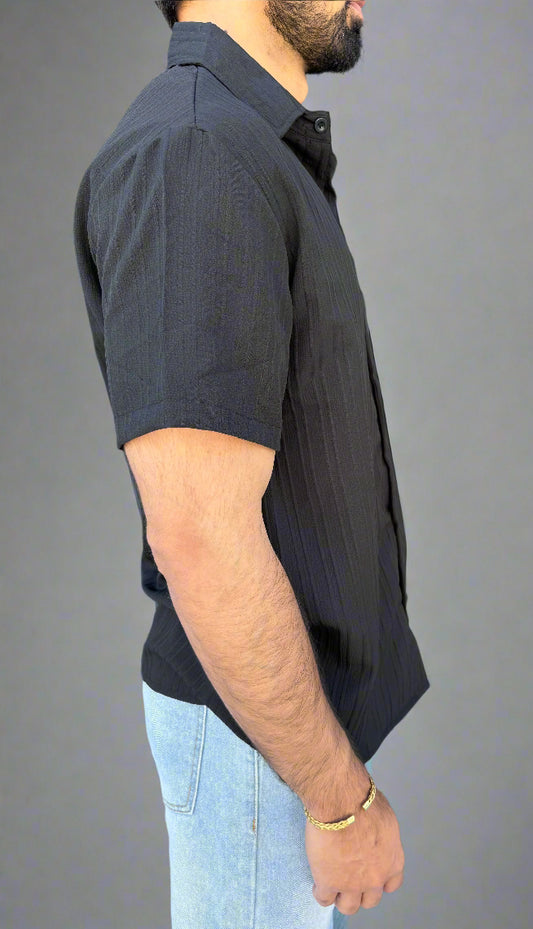 Mens Summer Edge Short Sleeve Button Up Shirt in Black full front closeup