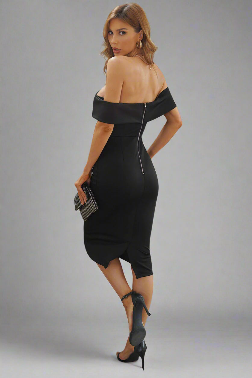 A woman is wearing an Off-Shoulder Zip-Back Slit Dress