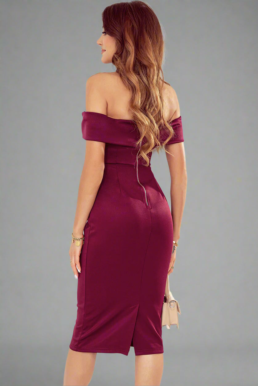 a woman is wearing an Off-Shoulder Zip-Back Slit Dress