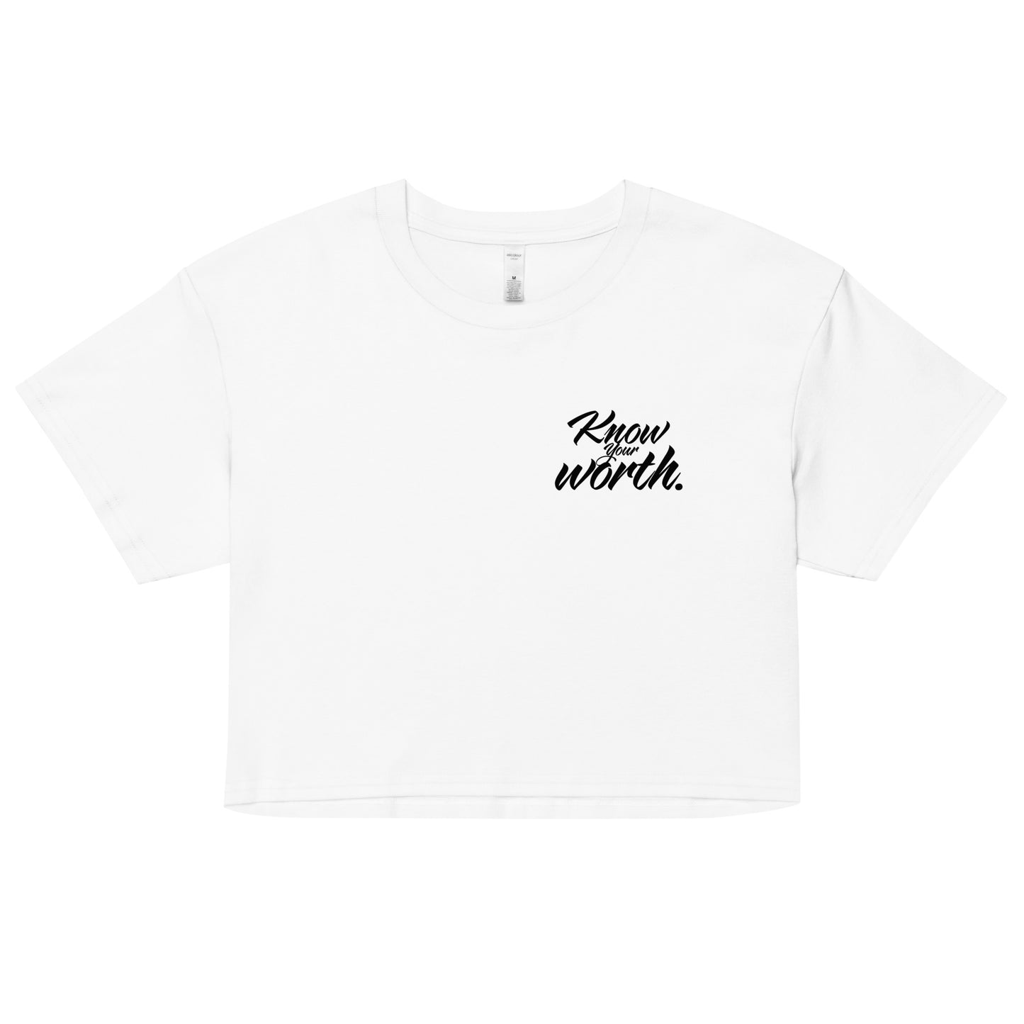 Know Your Worth Women's Crop Tee in White - Softest Crewneck Short Sleeve Crop Top - Cotton/Polyester Blend