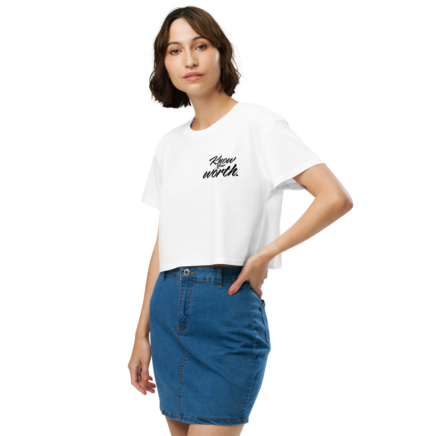 Know Your Worth Women's Crop Tee in White - Softest Crewneck Short Sleeve Crop Top - Cotton/Polyester Blend