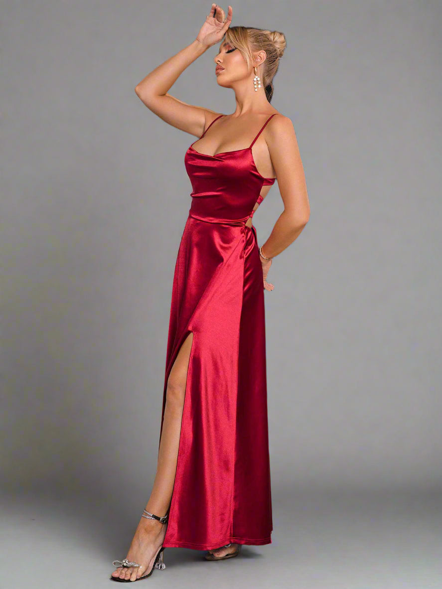The Velvet Vow Dress in Merlot Satin