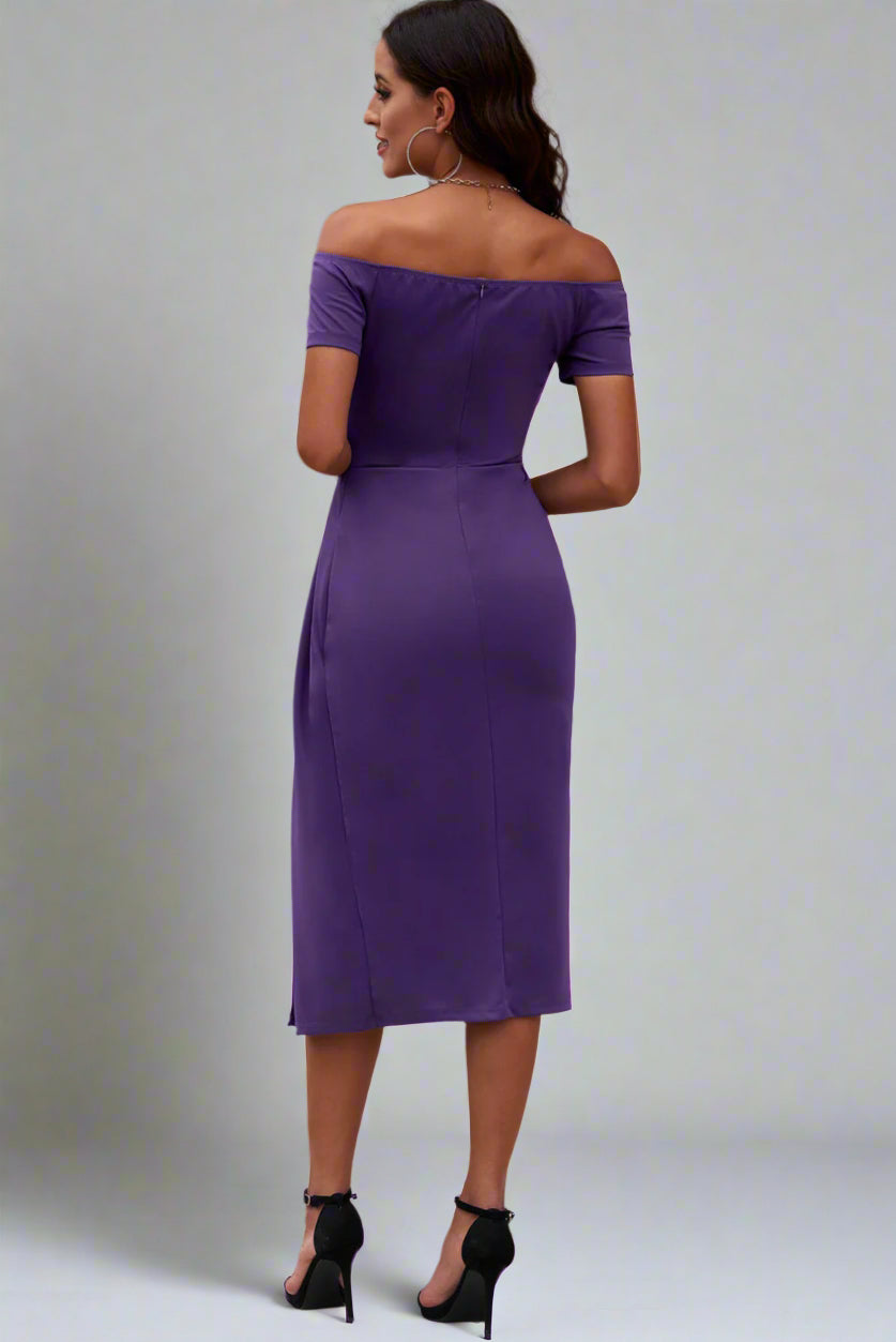 a woman is wearing The Soft Serve Midi Off-Shoulder Split Dress Purple