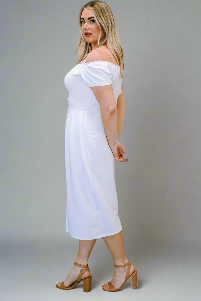 a woman is wearing The Soft Serve Midi Off-Shoulder Split Dress White