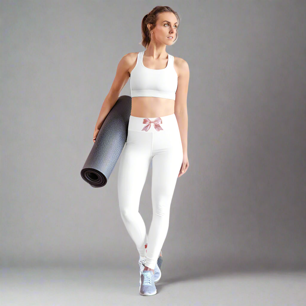Pink Bow Yoga Pants in White