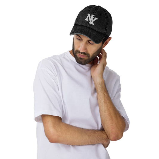 NY Vintage Cotton Twill Dad Hat in Black – High Quality Embroidered NYC Cap – Adjustable New York Dad Hat