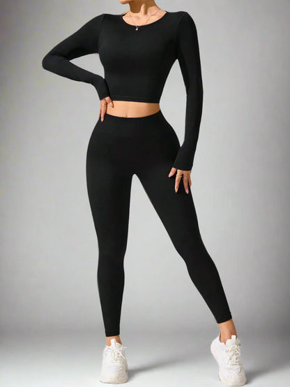 The Lola Lace-Up Back Top & Leggins Activewear Set in Jet Black