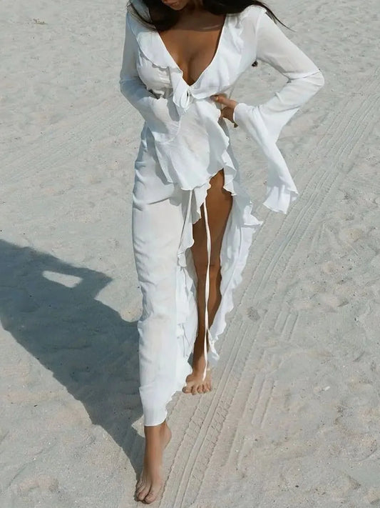 Ruffled Long Sleeve Cover-Up Dress
