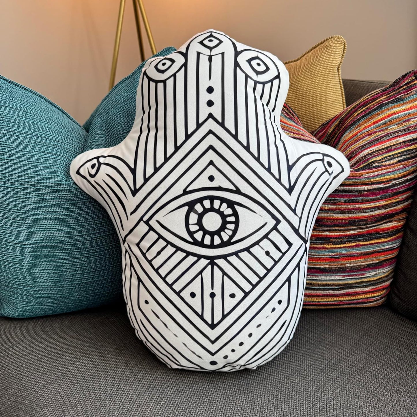 Hamsa Hand Decorative Throw Pillow, Evil Eye Design, Black and White - Handmade Humsa Evil Eye Shaped Pillow