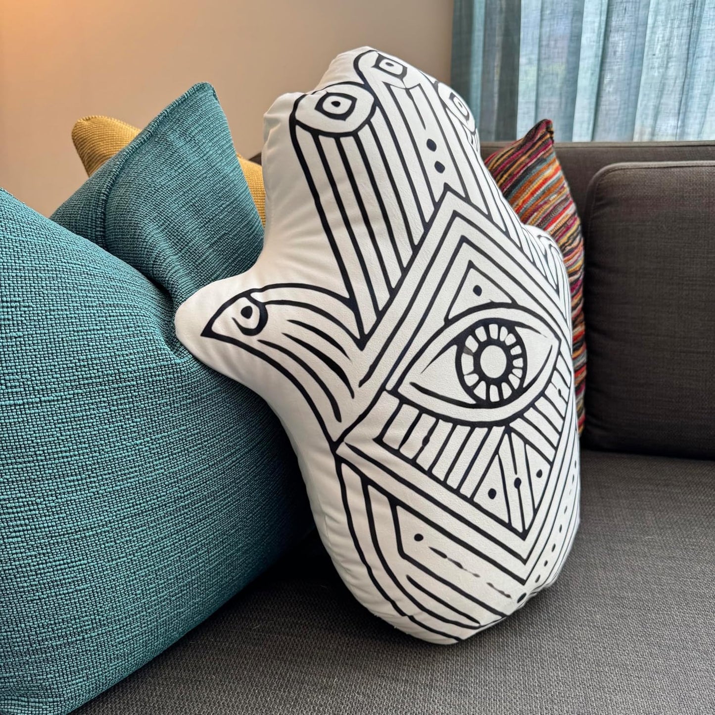 Hamsa Hand Decorative Throw Pillow, Evil Eye Design, Black and White - Handmade Humsa Evil Eye Shaped Pillow