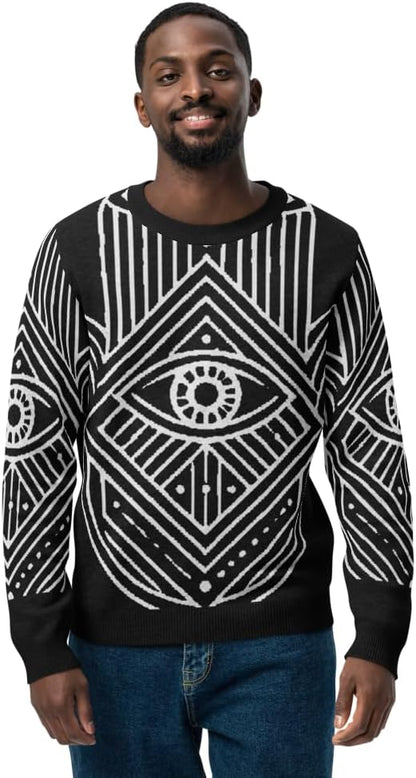 Mens Hamsa Knitted Crew Neck Sweater - Evil Eye Design - Luxury Streetwear
