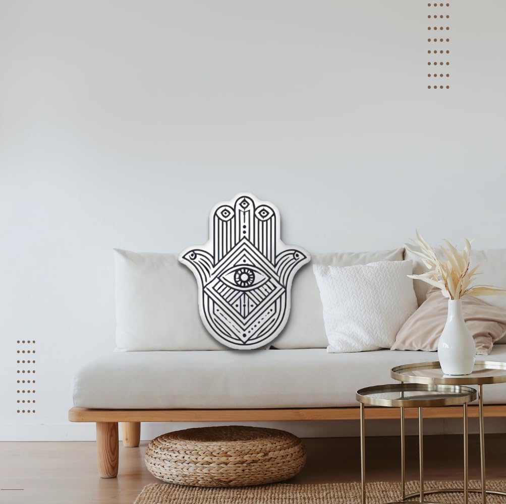 Hamsa Hand Decorative Throw Pillow, Evil Eye Design, Black and White - Handmade Humsa Evil Eye Shaped Pillow