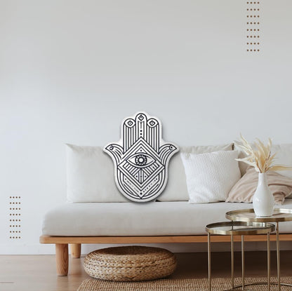 Hamsa Hand Decorative Throw Pillow, Evil Eye Design, Black and White - Handmade Humsa Evil Eye Shaped Pillow