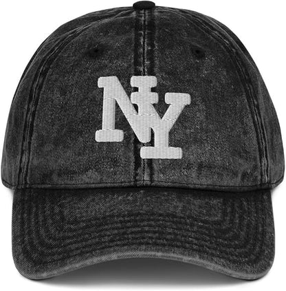 NY Vintage Cotton Twill Dad Hat in Black – High Quality Embroidered NYC Cap – Adjustable New York Dad Hat