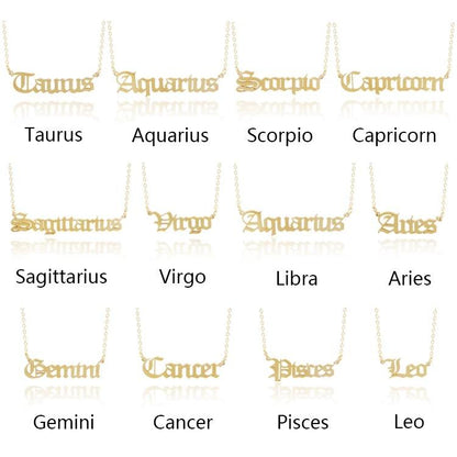 Old English Zodiac Necklace - Stainless Steel Gold Plated