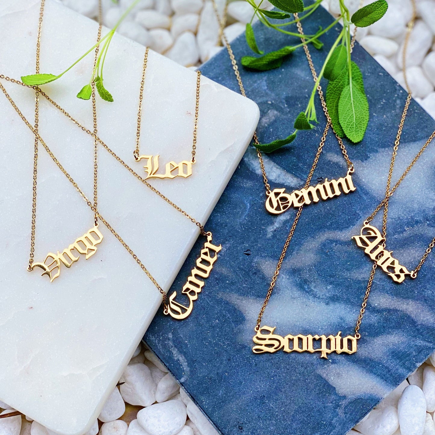 Old English Zodiac Necklace - Stainless Steel Gold Plated