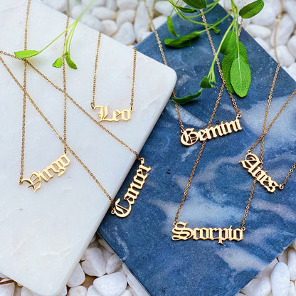 Old English Zodiac Necklace - Stainless Steel Gold Plated