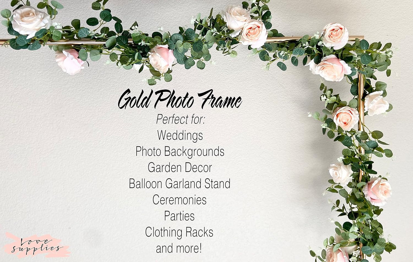 Gold Portable Photo Background Frame Kit | Includes Metal Gold Stand, 2 Flower Vines, Travel Bag | Minimalist Wedding Arch, Photo Booth Backdrop