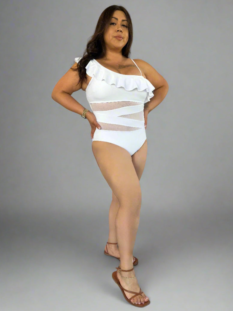 Asymmetrical Ruffled One-Piece Swimwear plus model