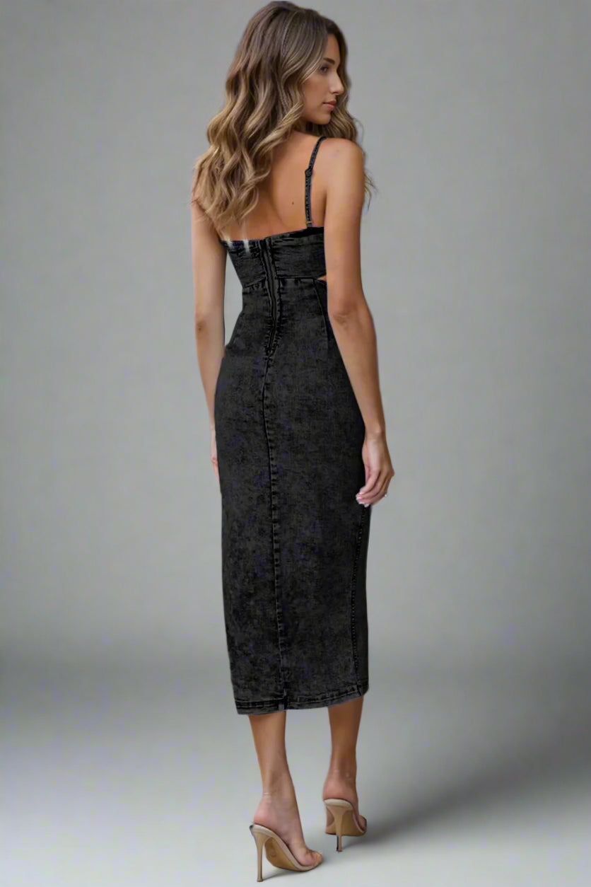 A woman is wearing Cutout Slit Spaghetti Strap Denim Dress
