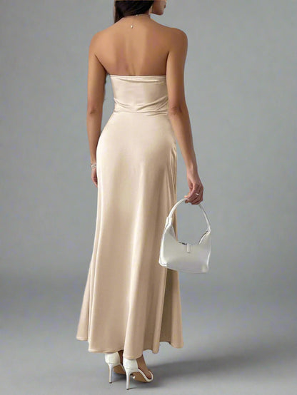 A woman is wearing Devine Ruched Tube Maxi Dress
