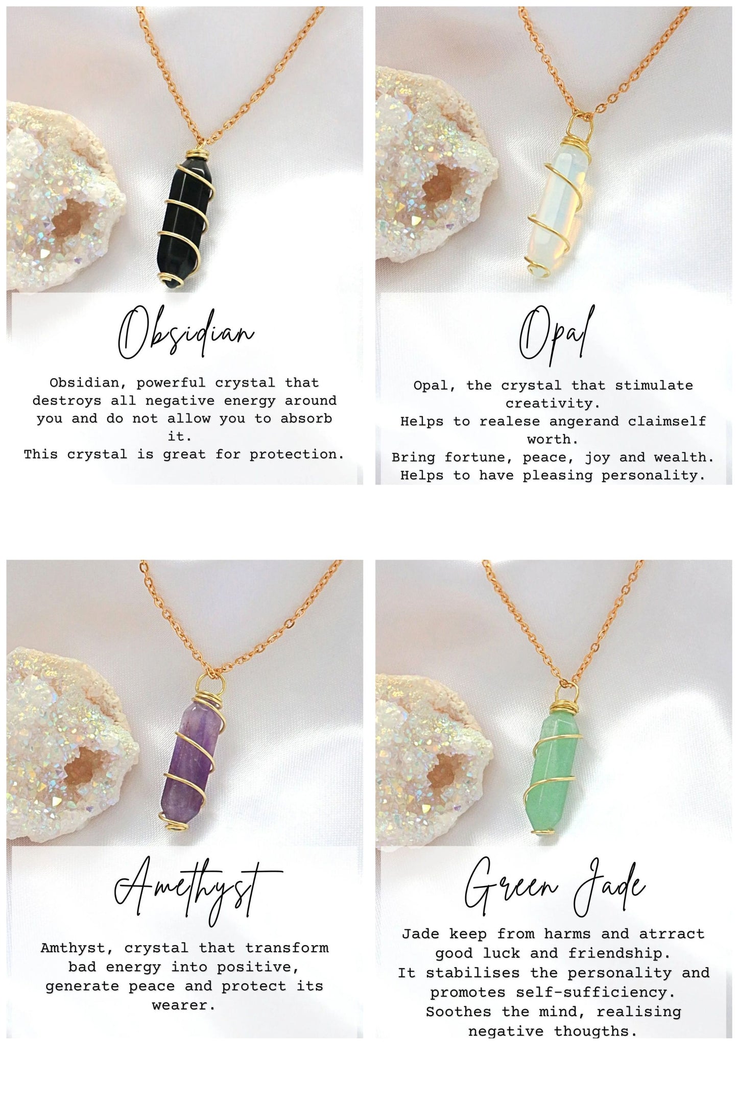18 Karat Double Ended Natural Healing Crystals Hand Wired Necklace