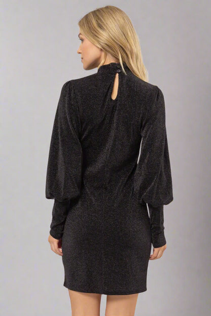 HYFVE Glitter Mock Neck Long Sleeve Mini Dress Full Back