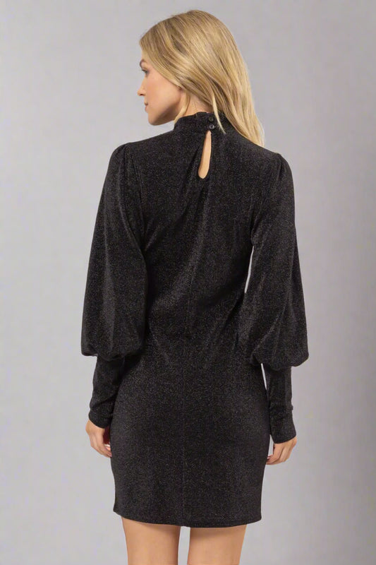 HYFVE Glitter Mock Neck Long Sleeve Mini Dress Full Back