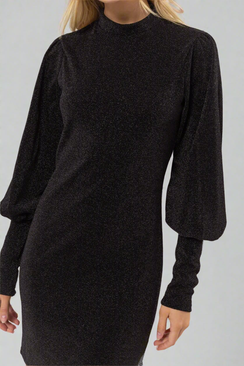 HYFVE Glitter Mock Neck Long Sleeve Mini Dress closeup