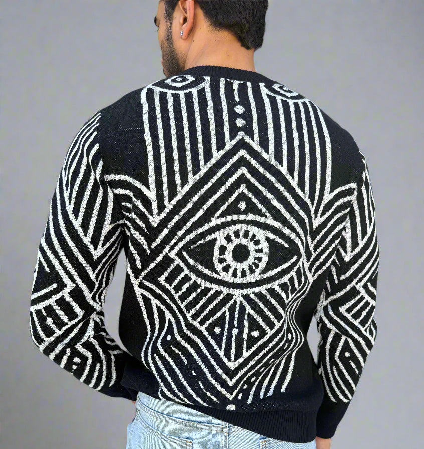 Mens Hamsa Knitted Crew Neck Sweater - Evil Eye Design - Luxury Streetwear Full Back Closeup