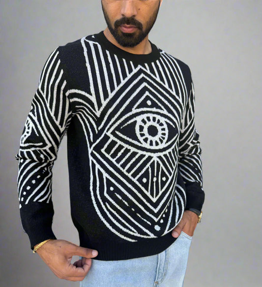 Mens Hamsa Knitted Crew Neck Sweater - Evil Eye Design - Luxury Streetwear Full closeup