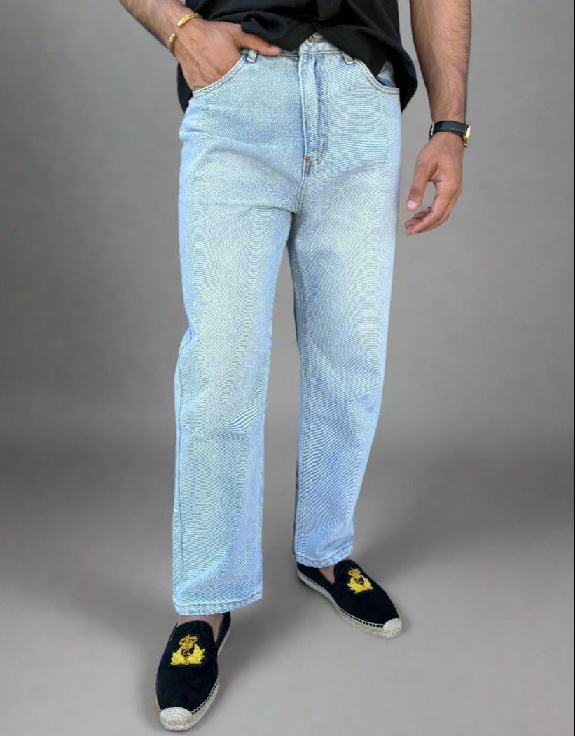 Mens Straight Leg Jeans in Light Blue front closeup