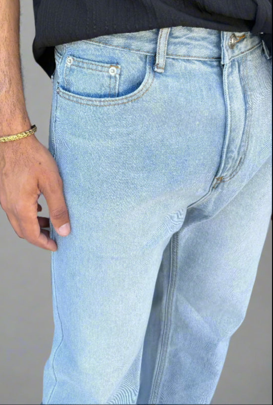 Mens Straight Leg Jeans in Light Blue pockets closup