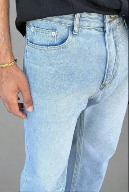 Mens Straight Leg Jeans in Light Blue pockets closup