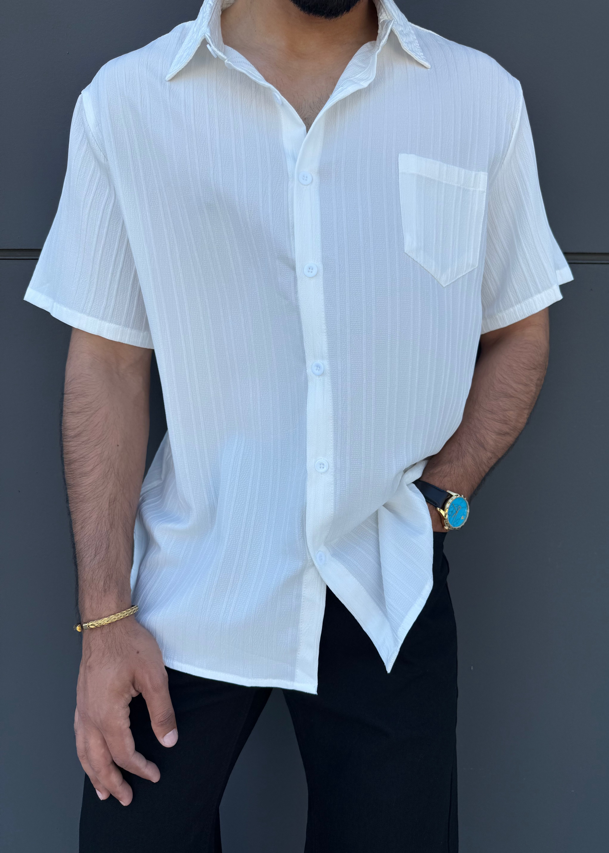 Mens Summer Edge Short Sleeve Button Up Shirt ivory front closeup