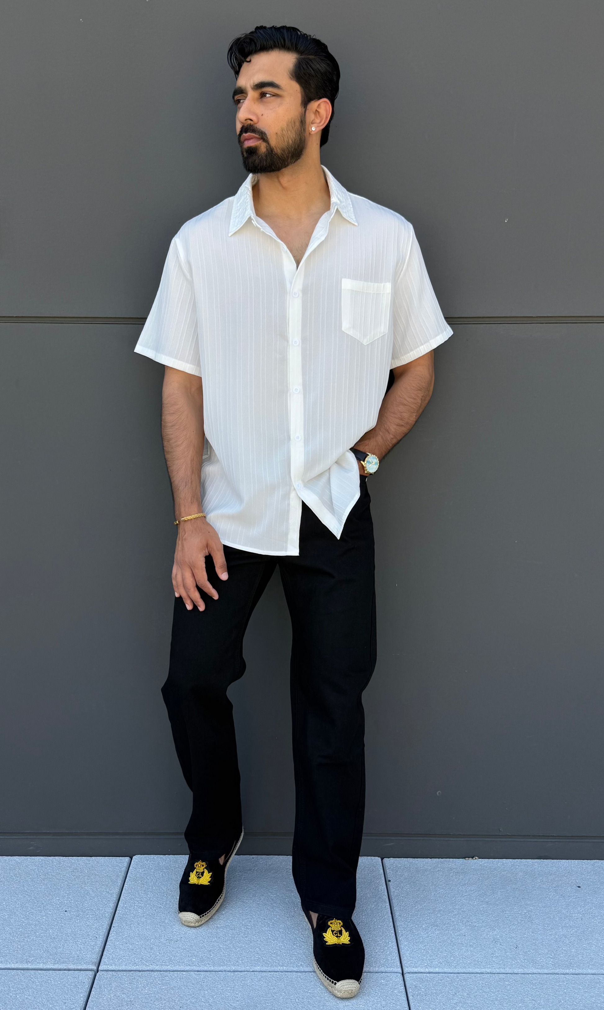 Mens Summer Edge Short Sleeve Button Up Shirt ivory front lifestyle