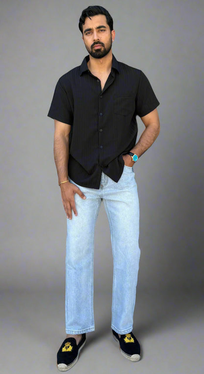 Mens Summer Edge Short Sleeve Button Up Shirt in Black full